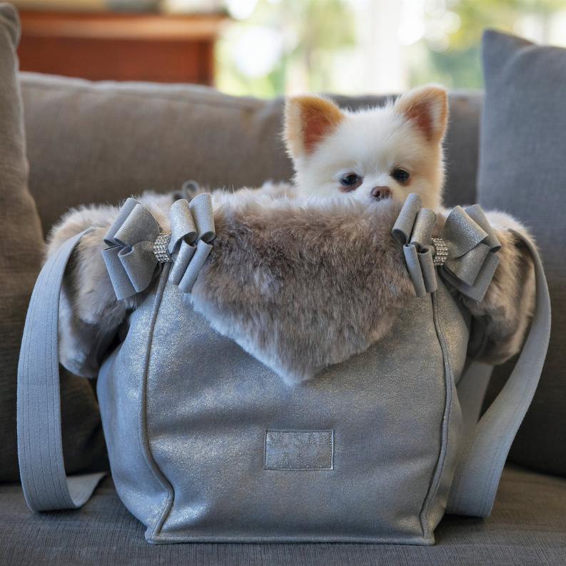 Susan Lanci Designs Platinum Glitzerati Double Nouveau Bow Luxury Carrier with Fur Trim: Pet